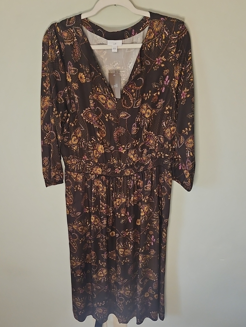 J. Jill NWT Chocolate Brown Paisley-Print V-Neck Midi Dress with Gold Accents